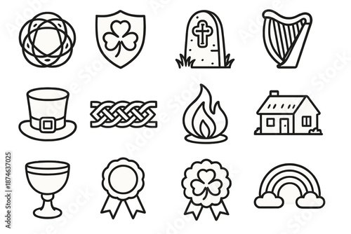 St. Patrick's Icons. St. Patrick’s Day set in outline vector style: Celtic knot ring, shamrock crest, historic stone marker, traditional harp symbol, folklore