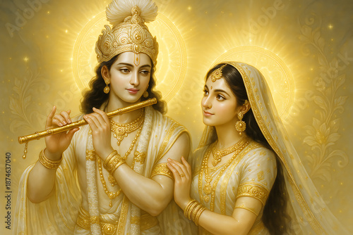 A divine portrayal of lord krishna playing a flute for radha radiating a golden glow and spiritual serenity