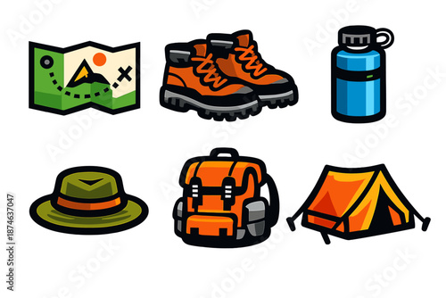 Backpacking Gear Icons. Backpacking icon set in silhouette bold style. Contain Map, Hiking Boots, Water Bottle, Hat, Backpack, Tent