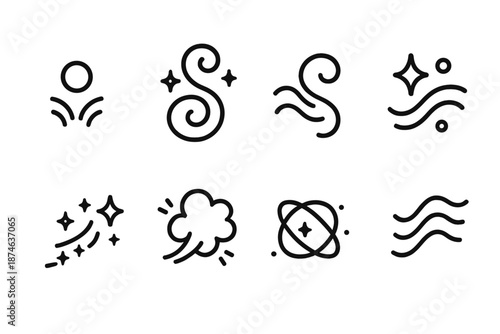 Whimsical Motion Icons. Whimsical Kinetics set in outline vector style : bouncing charm dot, flutter swirl, playful curve, drifting shimmer, enchanted streak,