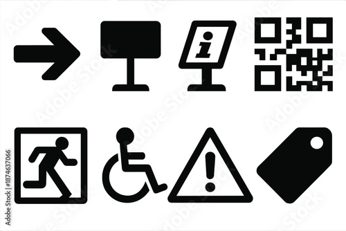 Brutalist Gallery Icons. Quiet Gallery Signage & Directions icon set in silhouette bold style. Contain directional arrow, room plaque, info stand, QR code tile,