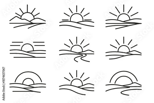 Open Horizons Icons. Open Horizons Theme set in outline vector style: broad skyline, dawn crest, open plains, sweeping arc, clear air lines, horizon beam,