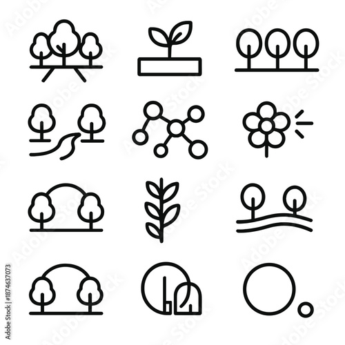 Urban Green Corridor Icons. Urban Green Corridors set in outline vector style: planted walkway, rooftop sprig, street-tree line, soft stream ribbon, habitat