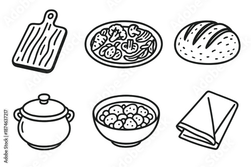 Rustic European Table Icons. European Comforts rustic set in outline vector style: wooden board, roasted vegetables, farm loaf, stoneware pot, shared bowl, linen napkin