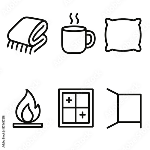 Cozy Shelter Icons. Shelter comfort set in outline vector style: cozy blanket, warm mug, soft pillow, gentle flame, window glow, quiet corner