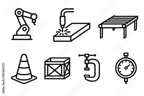Industrial Icon Set. Industrial Metal Fabrication set in outline vector style: robotic arm, plasma cutter, heavy beam, conveyor table, safety cone, metal crate, assembly clamp, precision dial