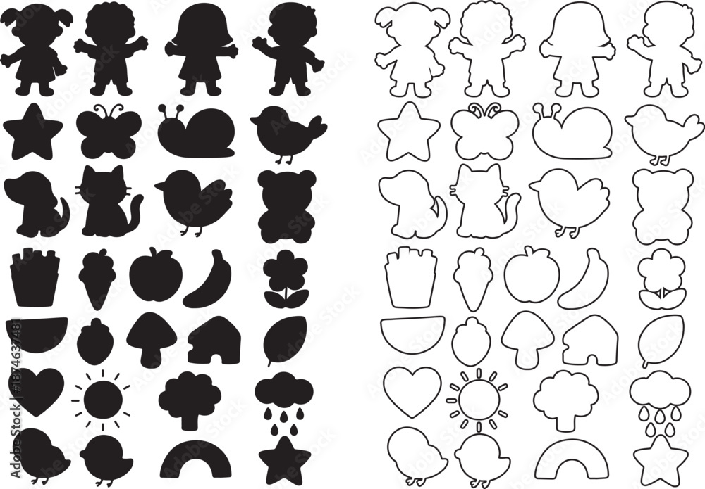 Fototapeta premium Cute cartoon character and object silhouette icons for kids