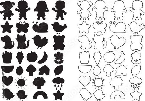 Cute cartoon character and object silhouette icons for kids