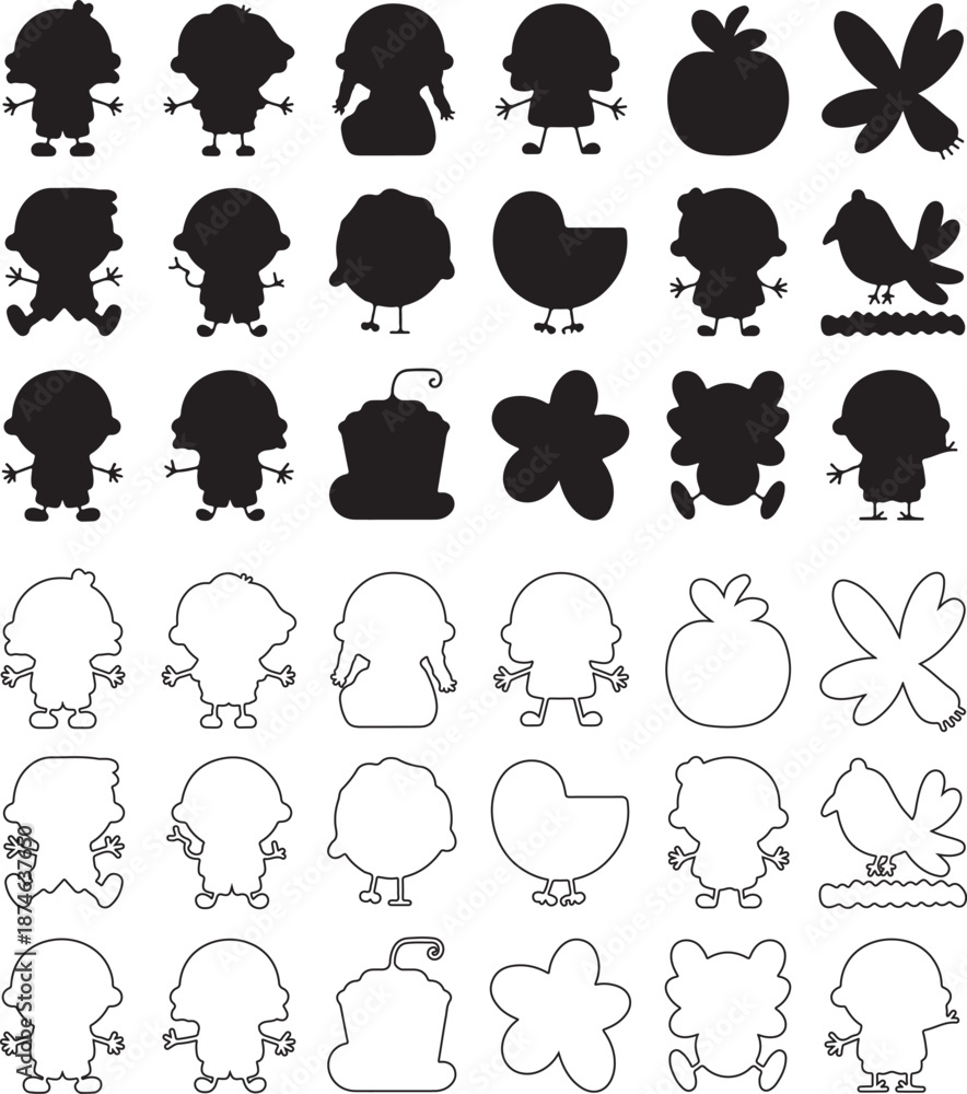 Obraz premium Collection of cute cartoon character silhouettes and outlines