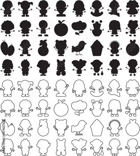 Cute cartoon characters and objects in black and white