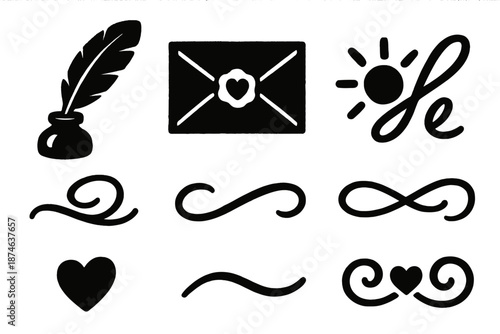 Brutalist Romantic Icons. Affectionate Writing icon set in silhouette bold style. Contain ink quill, sealed envelope, warm glow mark, looping script, delicate
