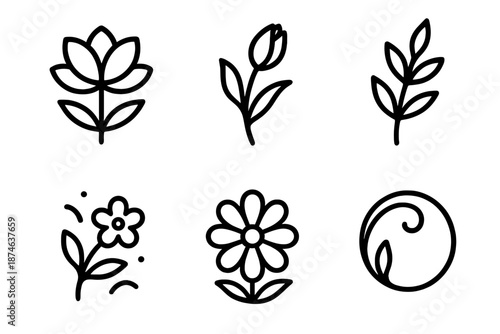 Botanical Charm Icons. Garden Offering Botanical Charm set in outline vector style : layered petal form, budding stem, leafy curve, floral mote, natural curl line, garden ring