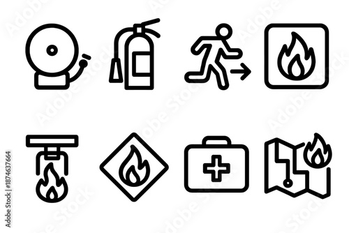 Fire Safety Icons. Fire Safety & Response set in outline vector style: alarm bell, extinguisher, evacuation arrow, safety sign, sprinkler head, hazard symbol, emergency kit, response map