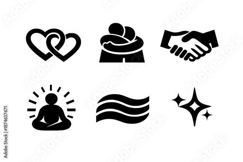 Brutalist Bond Icons. Emotional bond icon set in silhouette bold style. Contain intertwined hearts, supportive hug, trust symbol, calm aura, harmony waves, gentle spark