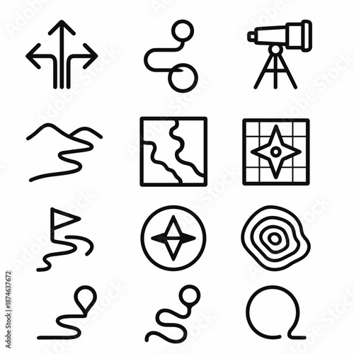 Wayfinding Icons Collection. Wayfinding set in outline vector style: arrow cluster, path trace, north marker, survey scope, hillside route, shoreline map,