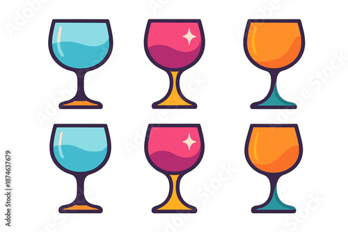 Modern Glassware Icons. Refined Glass Set vector set in modern flat style : bowl-like cup, elegant stem, transparent droplet, curved silhouette, light sparkle, rim arc