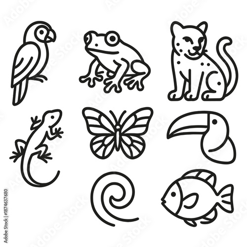Tropical Animal Icons. Tropical Animals set in outline vector style: parrot, tree frog, jungle cat, toucan beak, lizard, butterfly, monkey tail curve, tropical fish