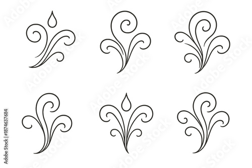 Elegant Iconic Design. Elegant Essence set in outline vector style : smooth contour, airy swirl, gentle glow, tapered stroke, refined motif, lifted droplet
