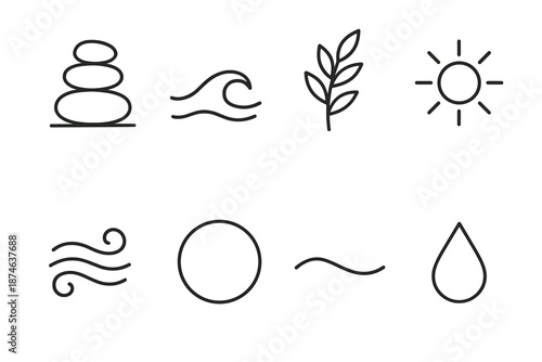 Balanced Essence Icons. Harmony set in outline vector style: balanced stones, gentle wave, soft sun, leafy sprig, calm breath lines, unity circle, smooth curve, peaceful droplet