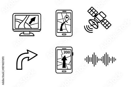 Minimalist GPS Icons. Digital navigationset in outline vector style GPS device, smartphone map, turn arrow, satellite signal, navigation app screen, voice prompt wave