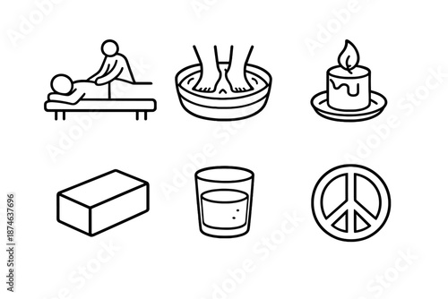 Wellness Icon Set. Wellnessset in outline vector style Massage, Foot Spa, Candle Flame, Yoga Block, Water Glass, Peace Symbol