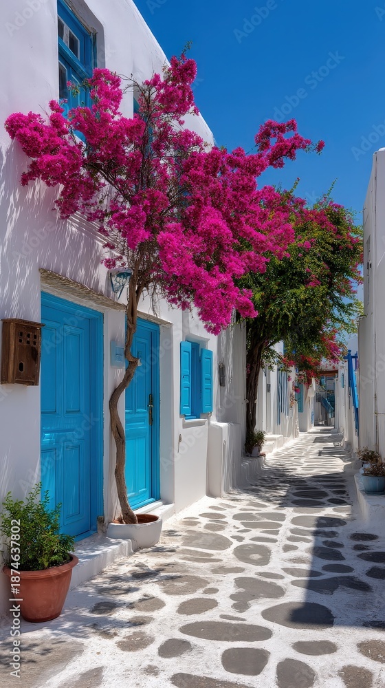 Fototapeta premium Charming Greek Island Alley with Blue Doors and Bougainvillea