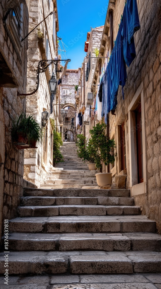 Obraz premium Narrow Cobblestone Stairs in Historic Mediterranean Old Town