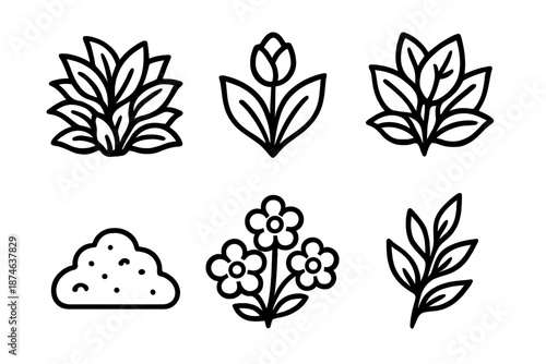 Flourishing Foliage Icons. Verdant Plenty set in outline vector style : dense foliage, layered leaves, flourishing bud, rich soil mound, clustered blooms, vibrant sprig