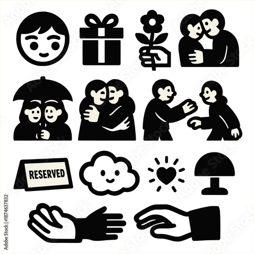 Sweet Encounter Icons. Sweet Encounters icon set in silhouette bold style. Contain shy glance, small gift box, flower offering, shared dessert, umbrella sharing