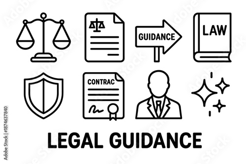 Legal Symbol Icons. Legal Guidance set in outline vector style: scales of justice, legal document, guidance arrow, law book, protective shield, contract page, counsel icon, clarity spark