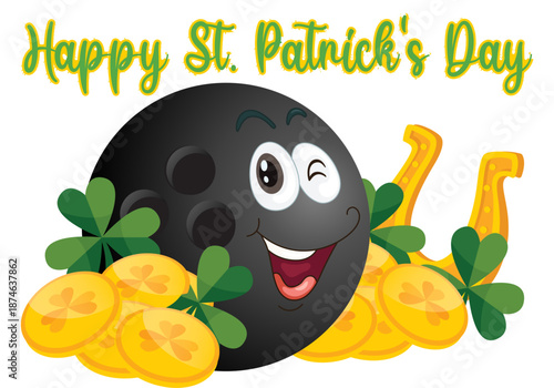St. Patrick’s Day bowling vector illustration featuring a cute bowling ball and pin with shamrocks, gold coins, rainbow and Irish lucky symbols. Fun cartoon style, bright colors, festive design.
