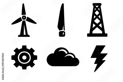 Brutalist Wind Turbine Icons. Wind Turbine icon set in silhouette bold style. Contain Turbine, Blade, Tower, Gear, Cloud, Lightning Bolt
