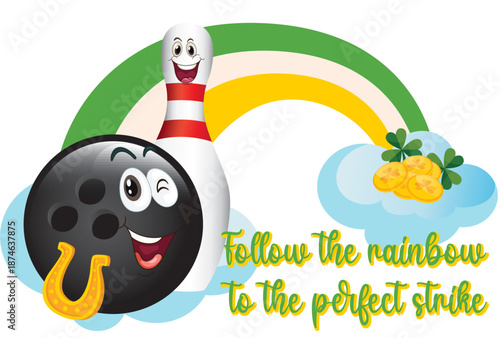 St. Patrick’s Day bowling vector illustration featuring a cute bowling ball and pin with shamrocks, gold coins, rainbow and Irish lucky symbols. Fun cartoon style, bright colors, festive design.
