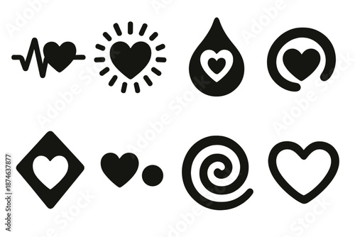 Heartfelt Amour Icons. Heartfelt Amour icon set in silhouette bold style. Contain loving pulse ring, tender glow puff, warm heart droplet, gentle embrace arc,
