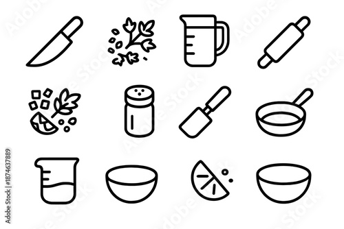 Culinary Icon Collection. Culinary Prep set in outline vector style: chef blade, sliced herbs, mixing jar, dough roller, diced produce, spice tin, prep spatula,