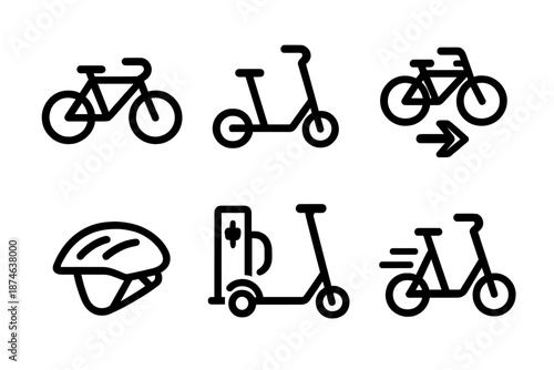 Micro-Mobility Icon Set. Public Mobility micro-mobility set in outline vector style: bicycle, scooter, bike lane mark, helmet, charging dock, motion lines
