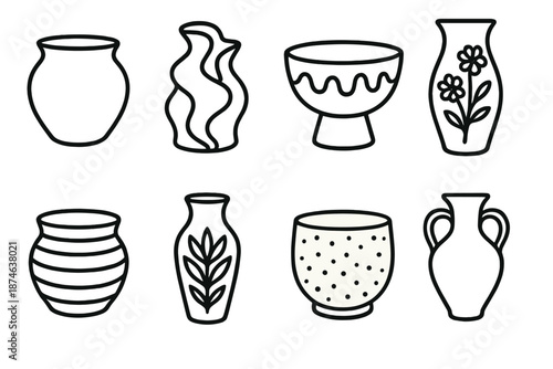 Ceramic Icons Collection. Artisan Ceramics set in outline vector style : hand-thrown pot, sculpted vase, glazed bowl planter, painted ceramic vase, ribbed pot,