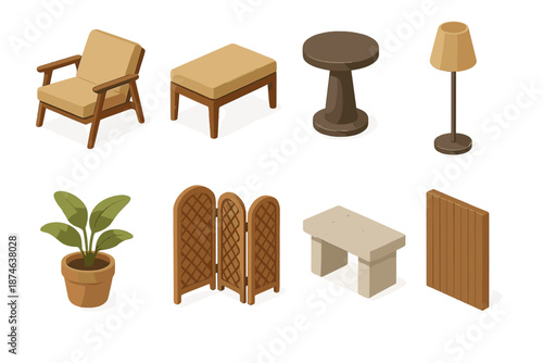 Modern Furniture Icons. Steamrise Furniture & Decor set in isometric flat vector : lounge chair, bench, side table, floor lamp, plant pot, partition screen, stone bench, wall panel