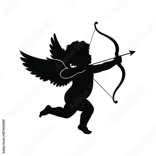 Black silhouette of Cupid angel shooting bow and arrow vector illustration icon isolated