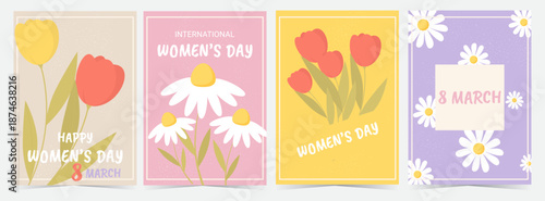 A set of Women's Day posters featuring flowers and textures. Postcards with tulips and daisies for March 8th. Vertical templates with flat floral motifs. Vector spring collection.