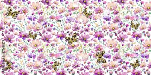 Hand drawn purple cosmos flower with butterflies seamless pattern. Exotic floral pattern design for fabric, textiles, clothing. Seamless background with purple cosmos flowers. Not AI, Vector