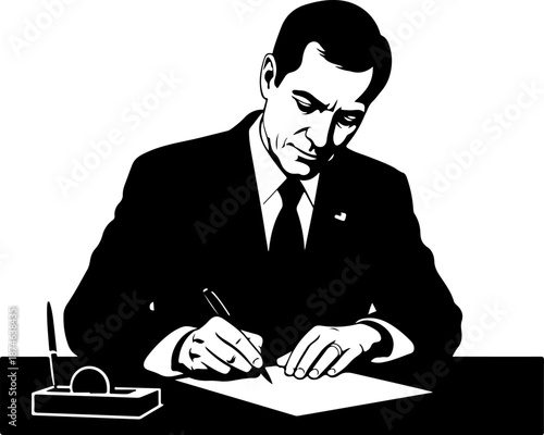 Detailed illustration of man signing documents at desk in formal office setting