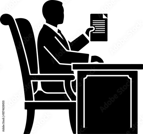 Executive male sitting at large desk holding document conducting important paperwork vector art