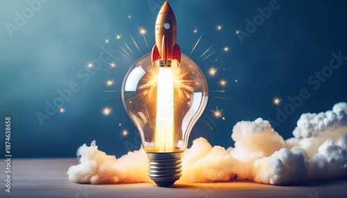 conceptual image of a light bulb with rocket flames blasting off into the sky symbolizing innovation progress and imagination