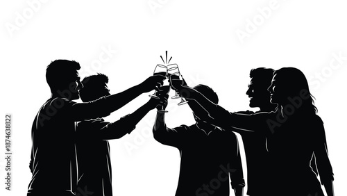 Silhouette group of five friends celebrating a joyous occasion with wine glasses raised high