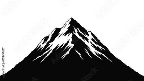 Striking black and white graphic illustration of a sharply peaked mountain summit against a white background
