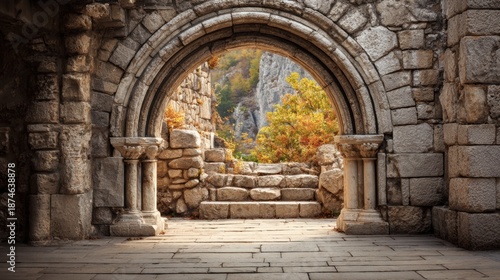 Wallpaper Mural Visitors walk through ancient ruins with stone arches and natural textures, experiencing the blend of history and nature in the fading light. Torontodigital.ca