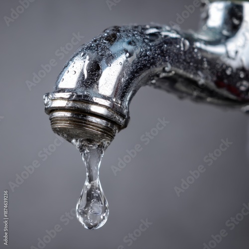 Close-up of a dripping faucet with water droplets, chrome finish.