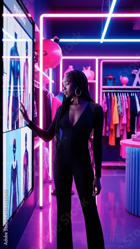 Woman reviews fashion display with neon lighting in modern interior