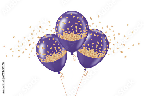 Three violet balloons filled with gold confetti pieces for celebration party invitation design with streamers